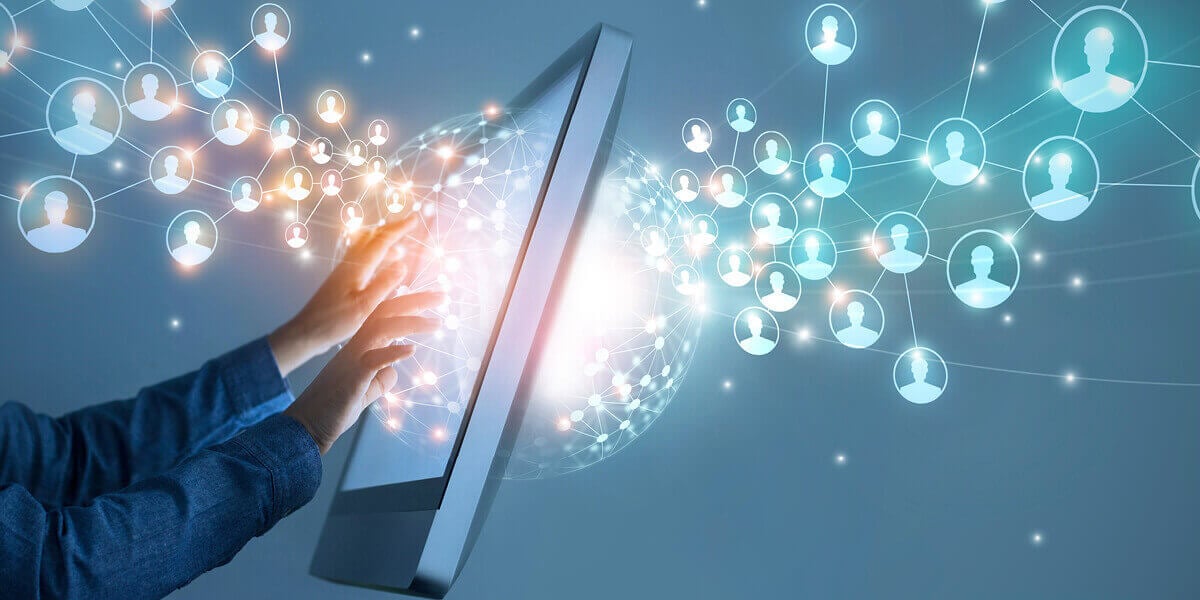 Professional individual touching global structure networking and data exchanges signifying customer connection on interface digital screen