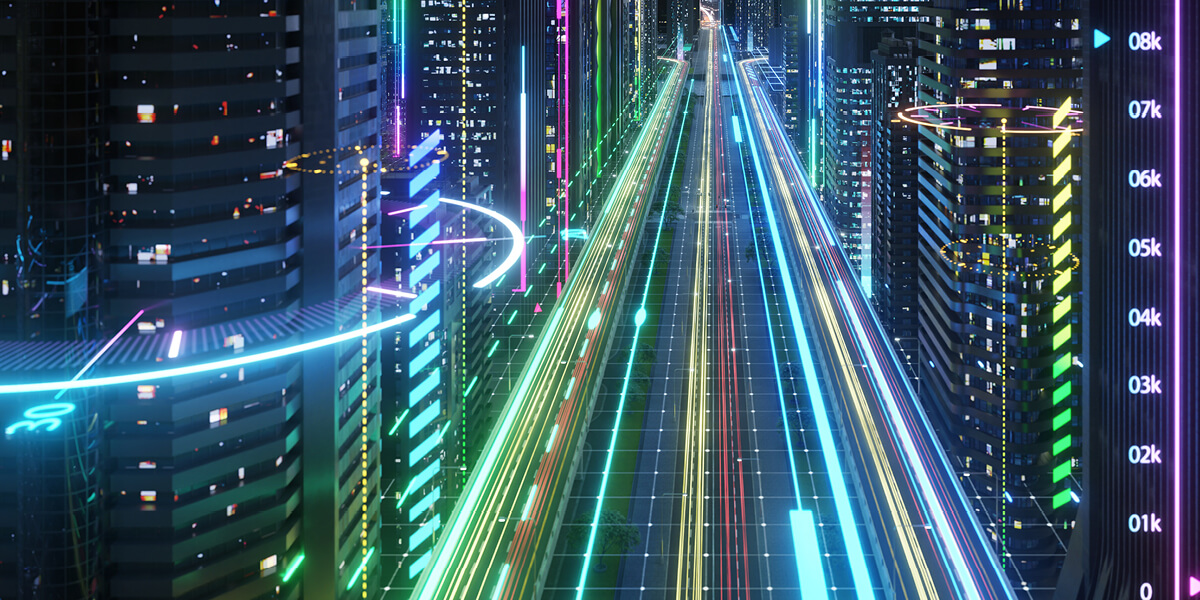 network automations as seen as a cityscape with neon digital vectors 