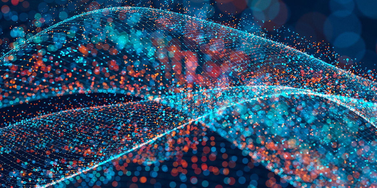 digital data analytics streams in baby blue, navy, and orange colors