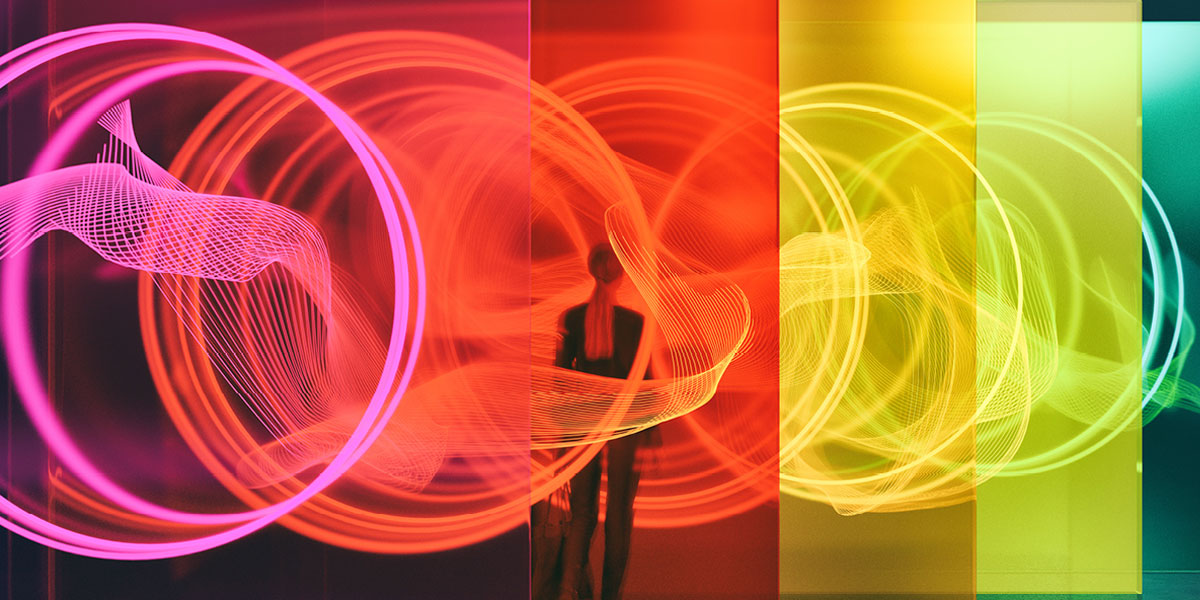 a woman with multiple color boxes around her