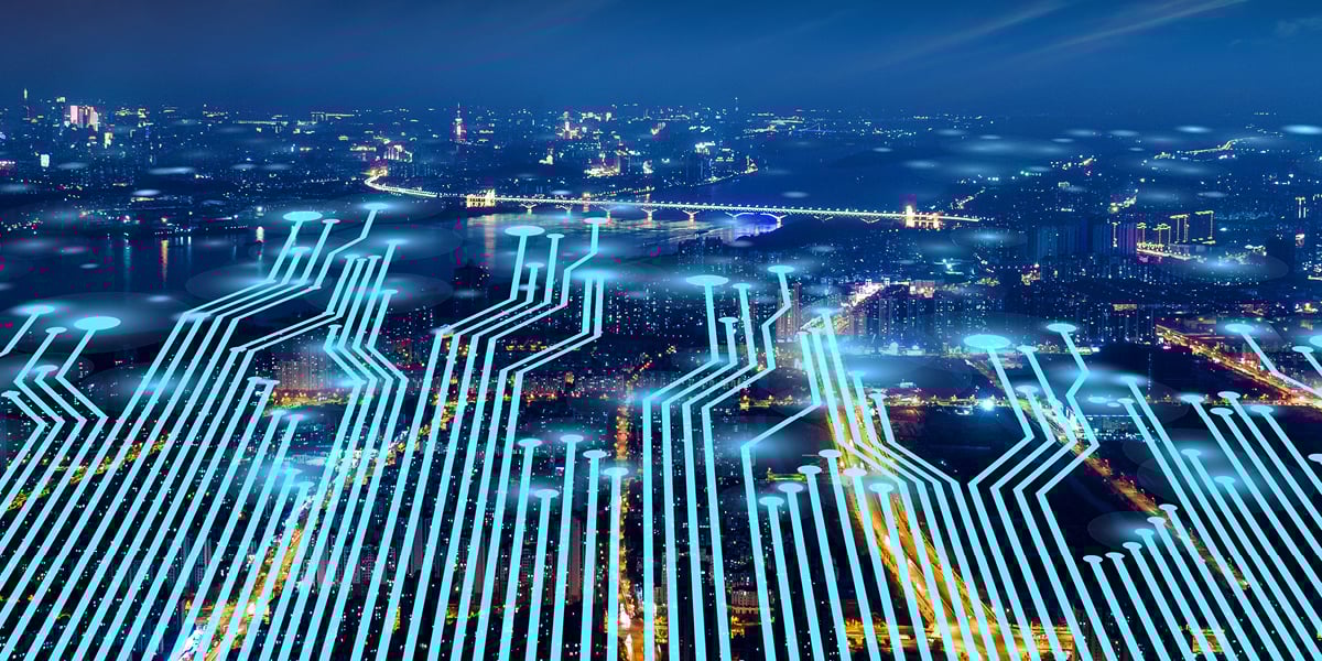 a city landscape with green lines