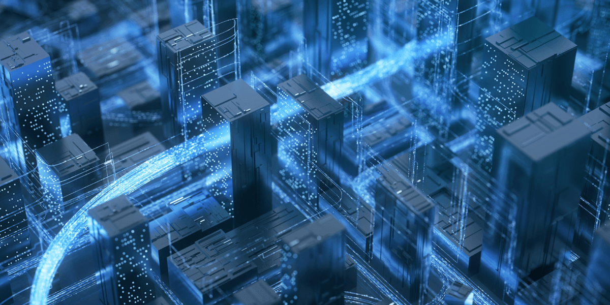 comerical data center management represented by citycape appearing as circuit board with blue data streams