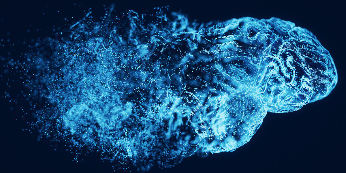 digitized representation of articficial intelligence; neon blue colored brain and brainwaves