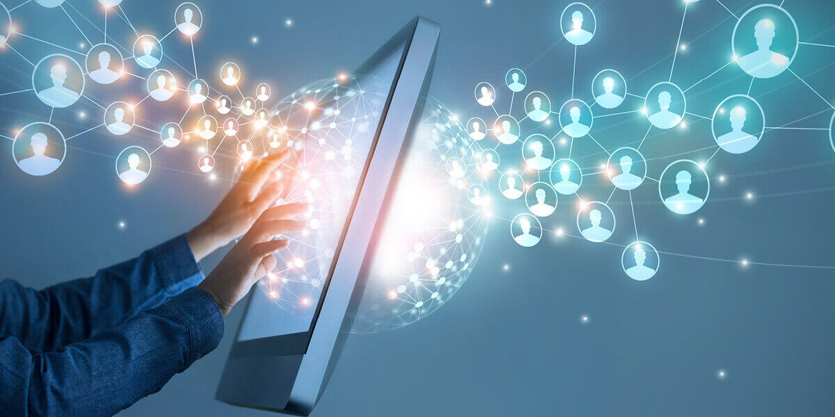 Professional individual touching global structure networking and data exchanges signifying customer connection on interface digital screen