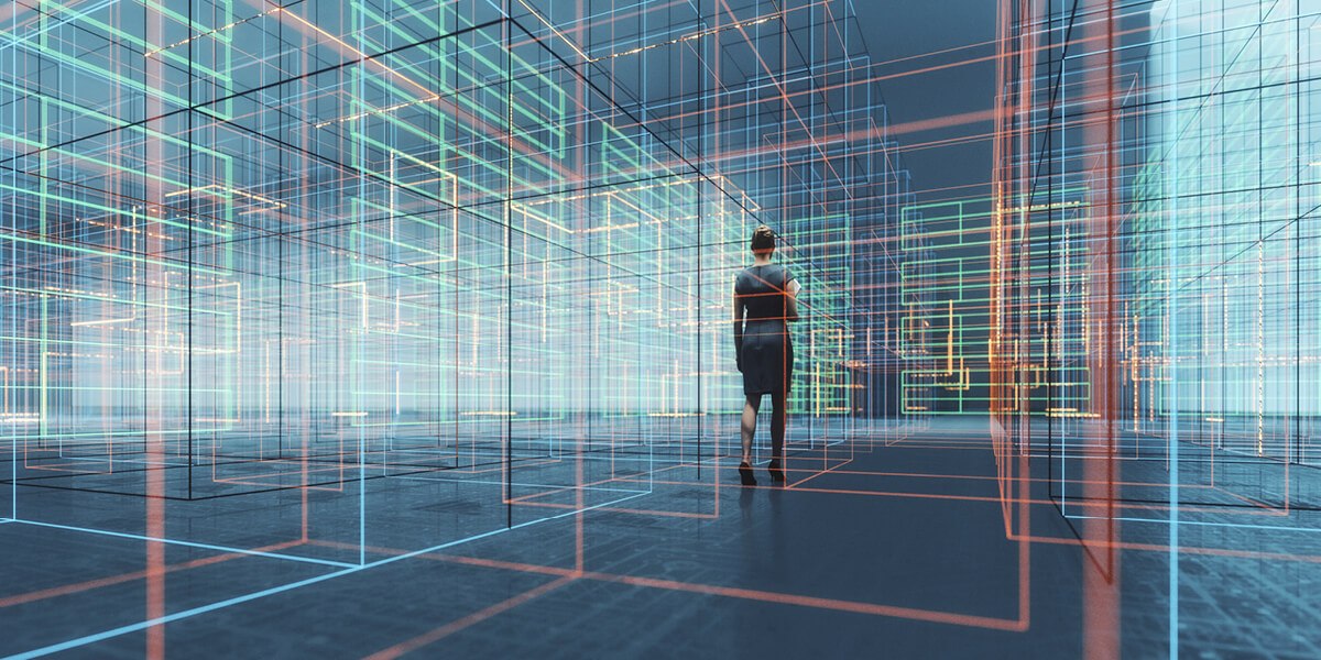 Woman dressed in profesional attire walking amoungst digital outlines of a work space