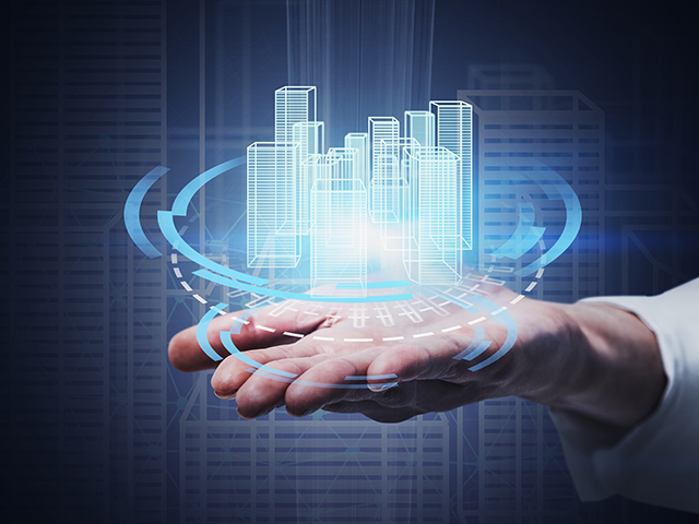 engineering architect hand with digital content illustrated in center.