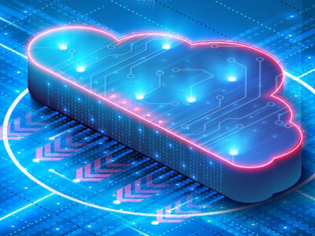 digital cloud analytics represented by a neon cloud graphic