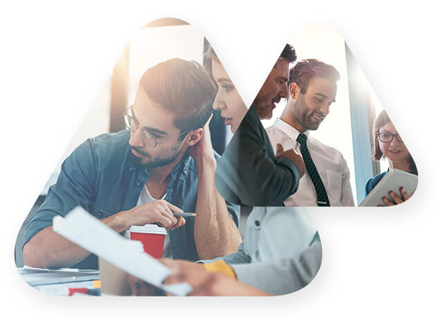 Two triangles containing images of people communicating in an office environment