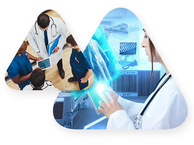 Two triangles containing images of doctors working in the healthcare industry