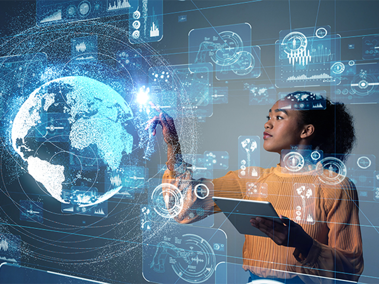 you professional woman working using modern global digital board