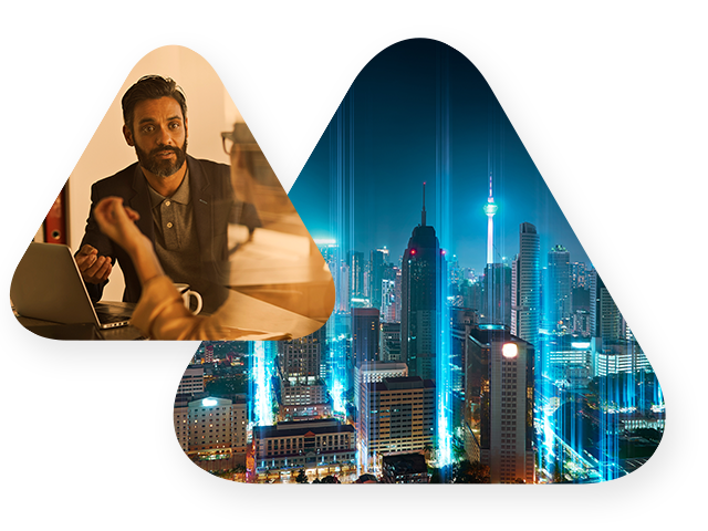 Large triangle with city at night, and small triangle with people at computer discussing Oracle