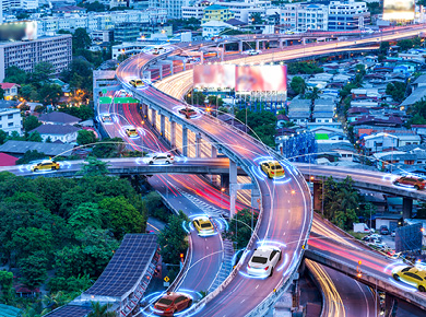 Smart city with overhead highway view