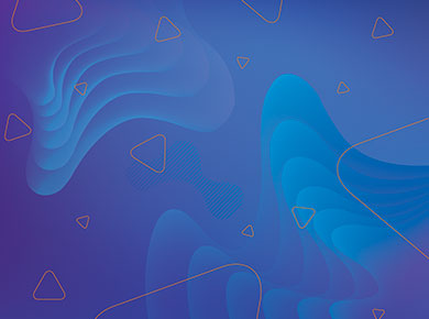 Blue and purple abstract background graphic with floating orange triangles