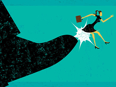 cartoon business person booted by large shoe