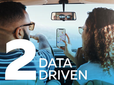 Two people on a road trip checking a map on a smartphone that uses business and IT strategy