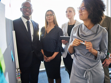 diverse business staff at a Kanban board