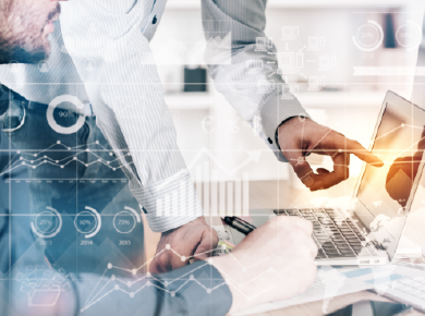 Enterprise experts reviewing data analytics digital charts