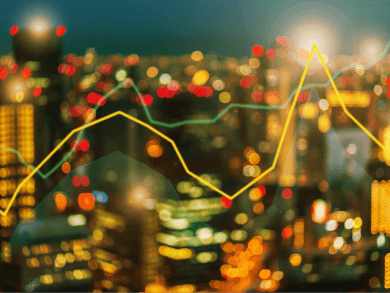 Financial data with skyscap as backdrop
