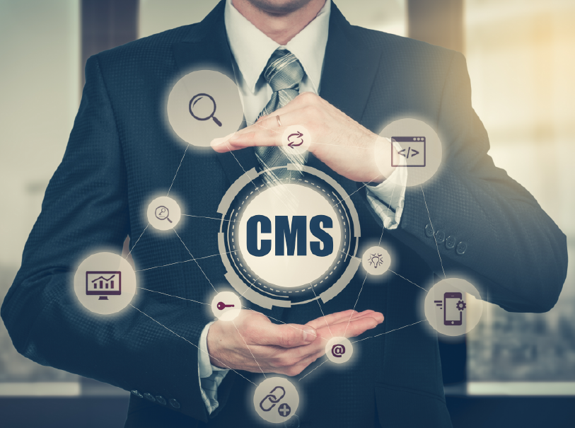 illustration of the components of a content management system. Initials CMS in the center of illustration. Photograph of a businessman acts as background