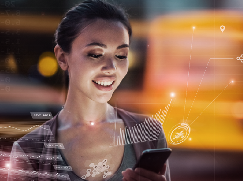 colorful photo of a young woman using her mobile phone with technological graphics overlayed