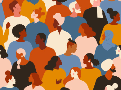 minimalistic digital graphic depicting a diverse grou pof individuals