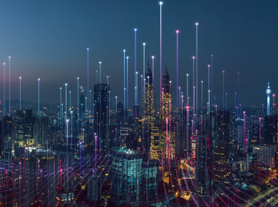 Smart city and abstract dot point connect with gradient line and aesthetic Intricate wave line design , big data connection technology concept.