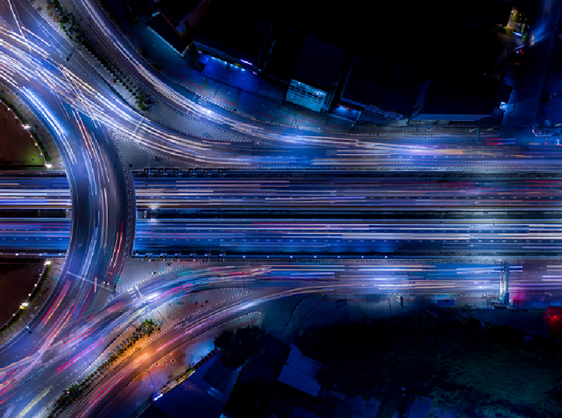  scalable Terraform cloud services representated by highway view from above with neon movement. 
