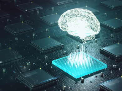 Brain made with shining wireframe above multiple blockchain cpu on circuit board 3d render.