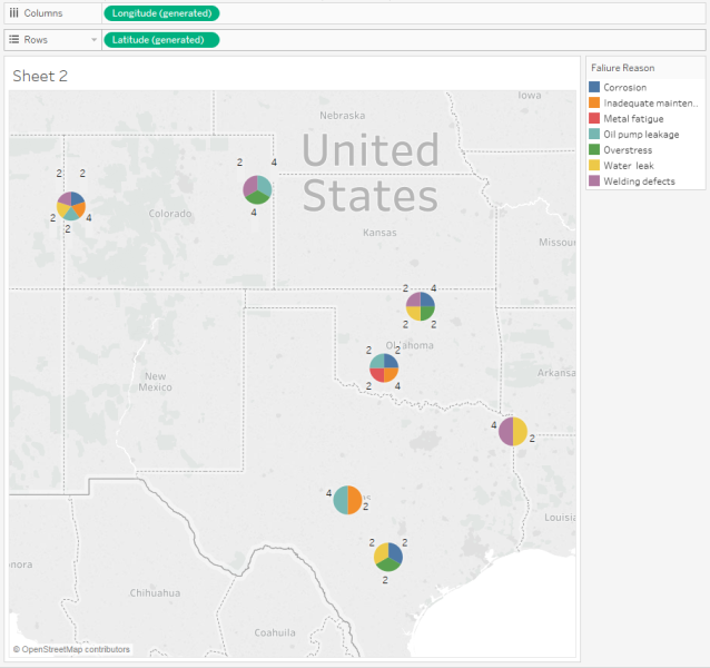 Tableau visualization depicting oil rig failure clusters