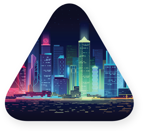 triangle shaped illustration of illuminated nighttime city skyline