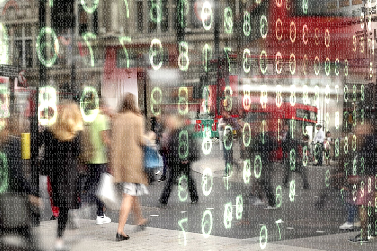 people walking down street filled with binary data