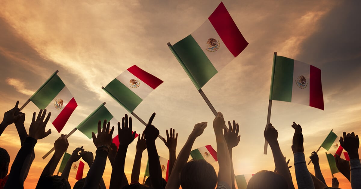 group of activist hands held high, many holding a mexican flag; sunset sky in the brackground.