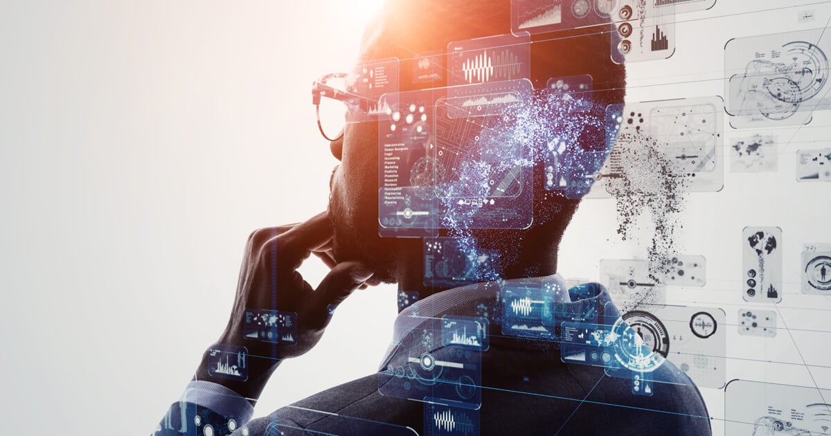man looking away from camera with digital and AI imagery overlay