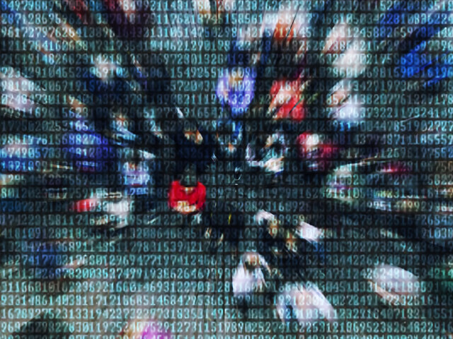 crowded street with a single professional as the focus point. Digital numerics as overlay.