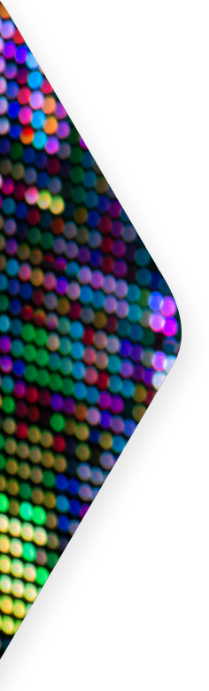 Thin triangle shape containing rows of streamlined multicolored digital dots