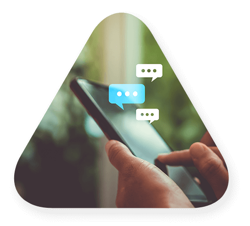 Triangle with a set of hands holding a phone and texting with speech bubbles popping out of the phone